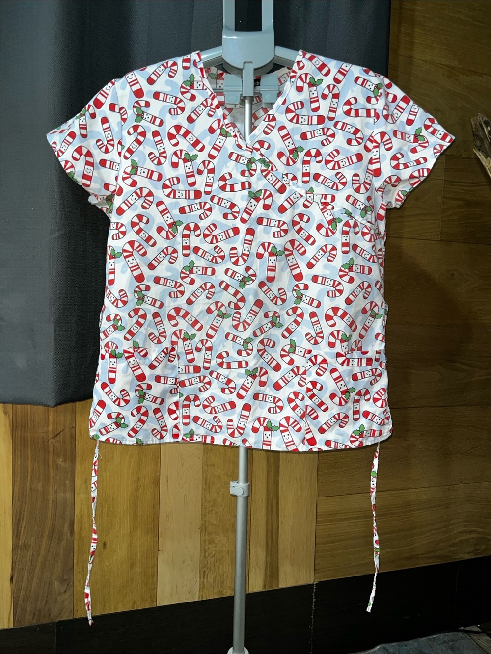 Women's White Candy Cane Print Scrub Top